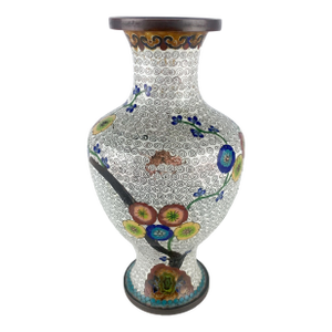 Vintage Brass Enamel Chinese Cloisonné Vase Floral Blue Flowers Scroll Design