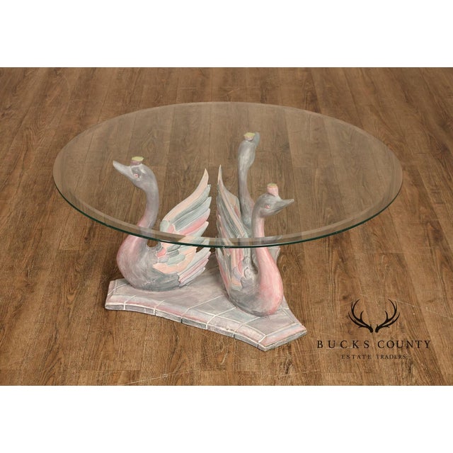 High Quality Vintage Coffee Table Featuring A Round Glass Top Over A Sculptural Base Of Three Stylized Swans. The Hand...