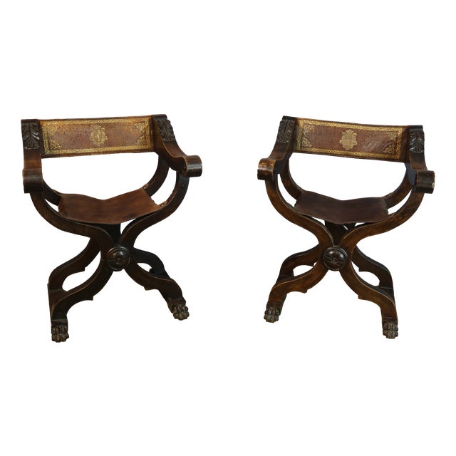 Antique Curule Armchairs, 1800s, Set of 2 For Sale