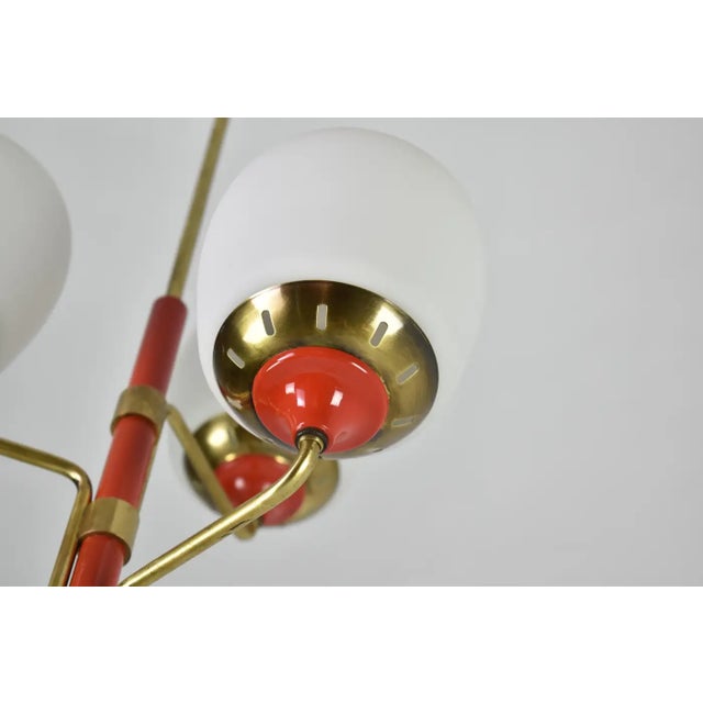 Metal 1950s Stilnovo-Style Pendant in Brass, Red Lacquer & Opaline Glass For Sale - Image 7 of 12