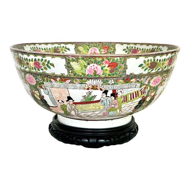 Large Old Rose Mandarin / Medallion Chinese Porcelain Export Punch Bowl, Wood Stand & Auspicious Objects & Gilt Work, Signed, 14" For Sale