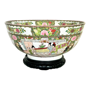 Large Old Rose Mandarin / Medallion Chinese Porcelain Export Punch Bowl, Wood Stand & Auspicious Objects & Gilt Work, Signed, 14"