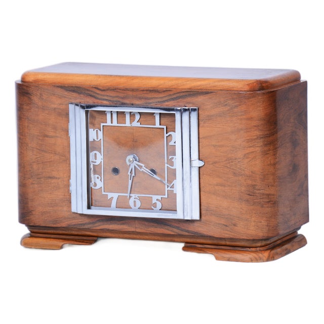 Art Deco Table Clock in Walnut, Chrome, and Glass, Czech, 1920s For Sale