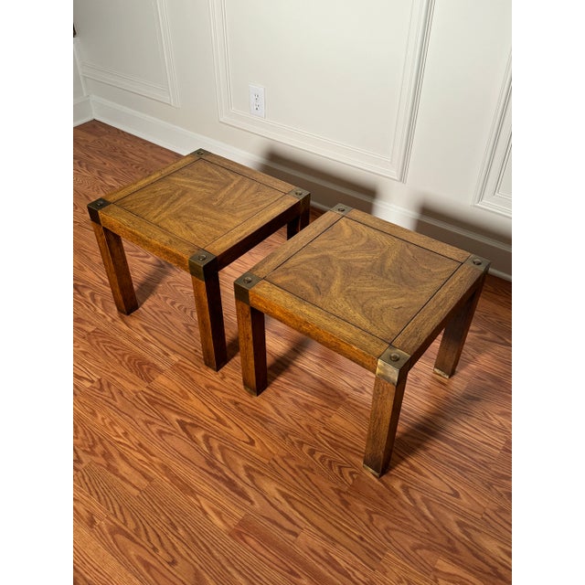 Mid-Century Modern Campaign Style Parquet Solid Wood & Brass Side Tables, a Pair For Sale - Image 3 of 10