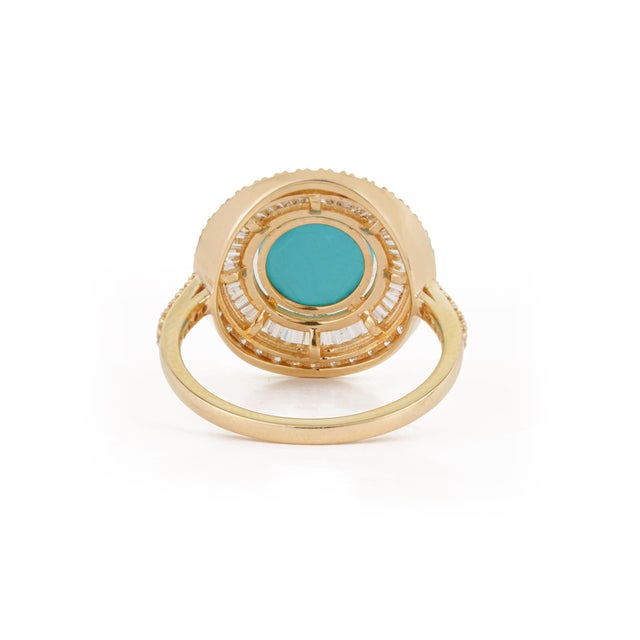 Art Deco Revival 1.52ct Round Turquoise & Diamond Halo Ring Size 4 in 14k Yellow Gold For Sale - Image 10 of 17