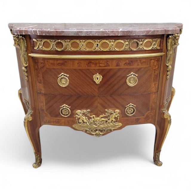 Antique French Acajou and Tulipwood Gilt Bronze Mounted Marble Top Commode in the Style of Paul-Charles Sormani For Sale In Chicago - Image 6 of 7