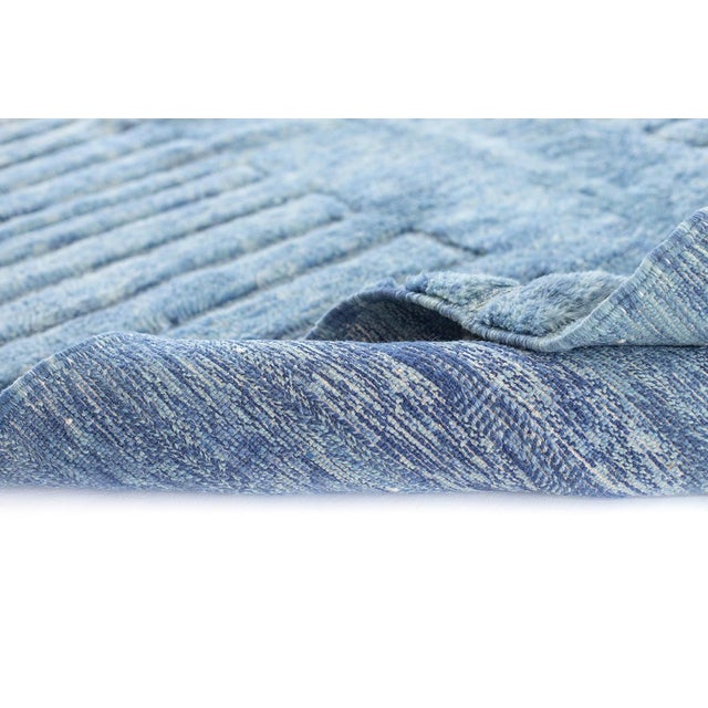 Blue Mottled Linear Hand-Knotted Wool Rug | 10'1" X 7'2" | One of a Kind For Sale - Image 8 of 8