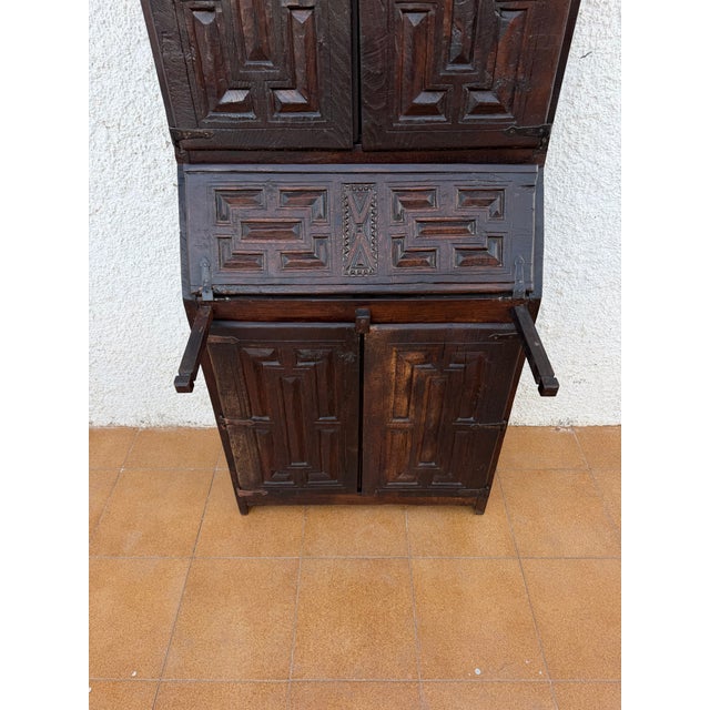 Wood Antique Spanish Carved Wooden Bureau Cabinet With Drop-Front Desk, 19th Century For Sale - Image 7 of 10