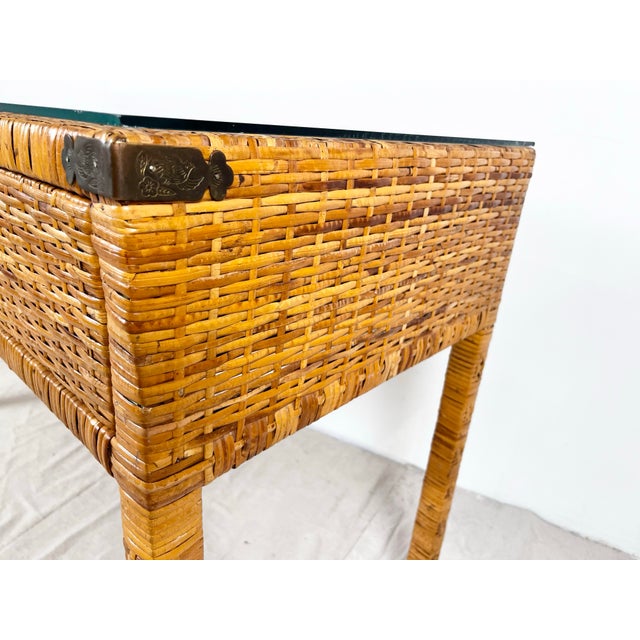 Wood Vintage Woven Caning Wrapped Rattan Campaign Console Table Desk For Sale - Image 7 of 12