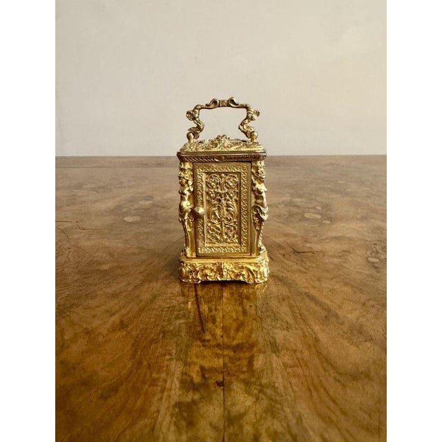 Antique Victorian Ornate Brass Miniature Carriage Clock, 1890 For Sale - Image 6 of 7