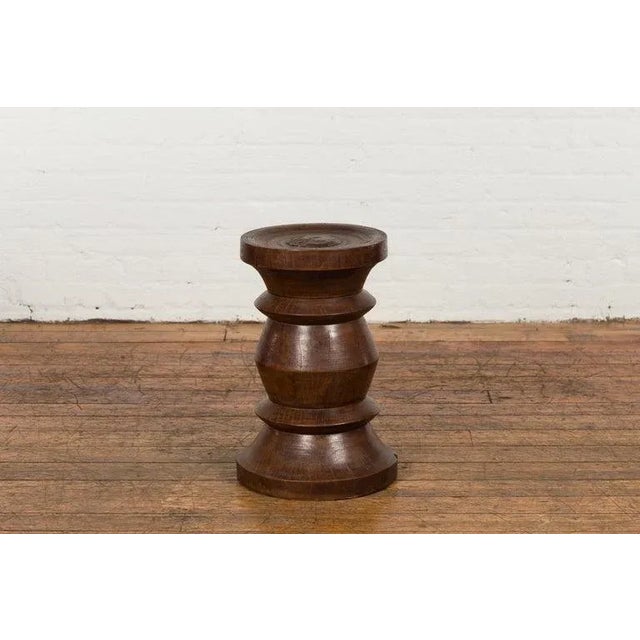 19th Century Rustic Indonesian Solid Wood Turned Stool with Brown Patina For Sale - Image 10 of 12
