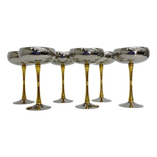 Mid-Century Italian Stainless Steel and Brass Champagne Coupes, 1970s, Set of 6 For Sale