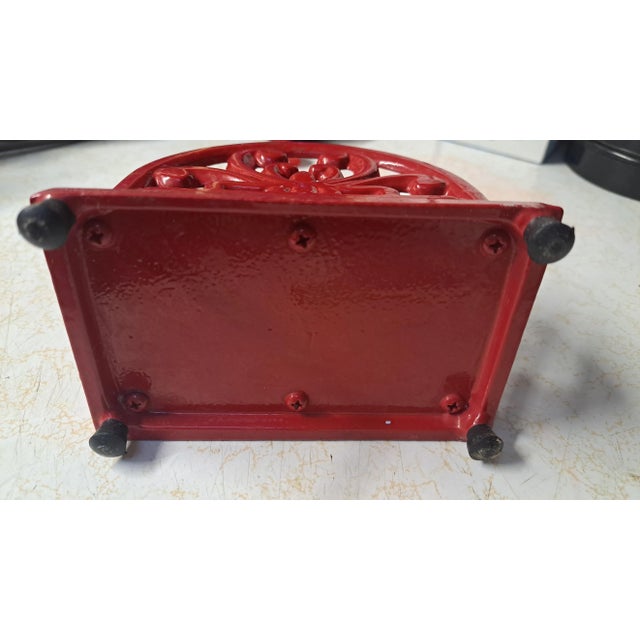modernVintage 1990s Red Enamel Cast Iron Napkin Holder For Sale - Image 4 of 11