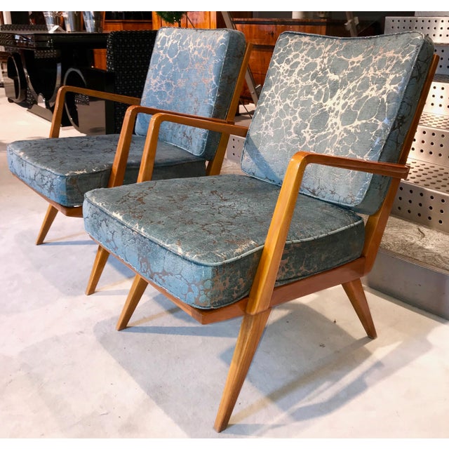 Mid-Century Modern Lounge Chairs in Cherry Wood & Blue-Silver Fabric from Knoll, Germany, 1950s, Set of 2 For Sale - Image 3 of 8