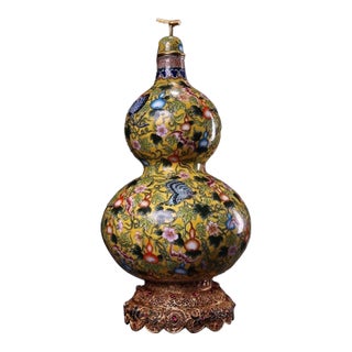 Late 20th Century Gilt Bronze Cloisonné Enamel Double-Gourd Vase With Filigree Stand For Sale