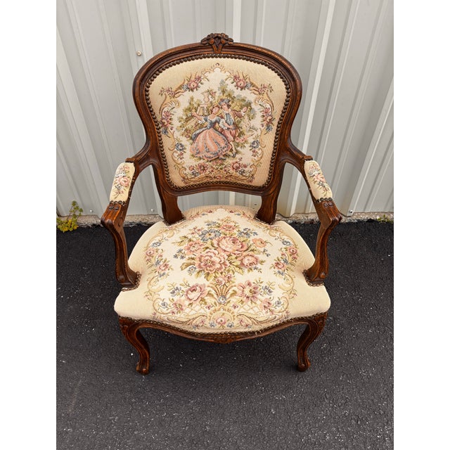 Early 20th Century French Walnut Needlepoint Arm Chairs- A Pair For Sale - Image 6 of 12