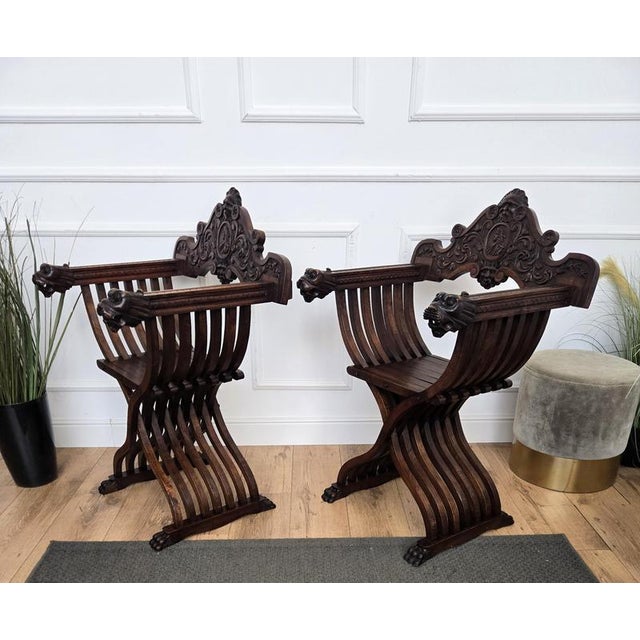 Italian Savonarola Armchairs in Carved Walnut, 1900, Set of 2 For Sale - Image 10 of 12