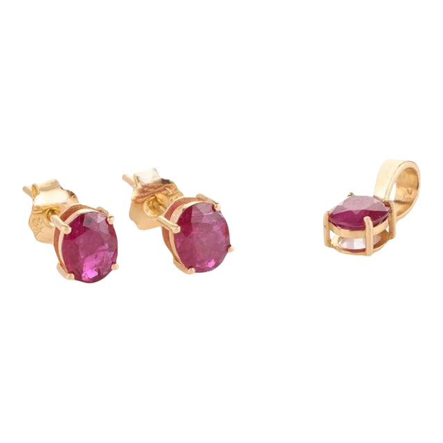 18k Yellow Gold Ruby Birthstone Jewelry Set for Women- 4 Pieces, Pendant, Ring, Earrings For Sale