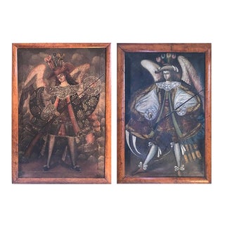 19th Century, Oil on Canvas, Two Winged Arc Angels, Set of 2 For Sale