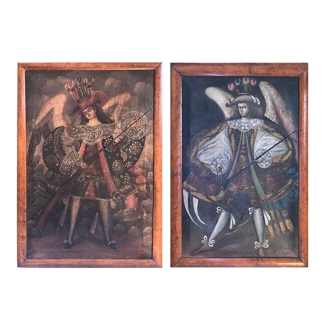 19th Century, Oil on Canvas, Two Winged Arc Angels, Set of 2 For Sale