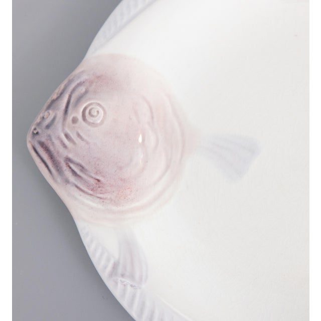 A stylish Art Deco French Longwy majolica fish plate, circa 1930. Maker's mark on reverse. It's a rare color, white with...