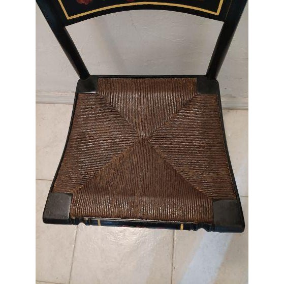Antique Wood Black Color Chair Straw Seat With Painted Flower For Sale - Image 4 of 6