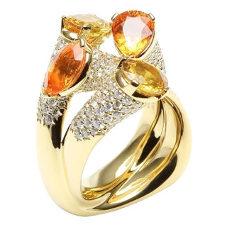 Diamond Orange Yellow Sapphire Cocktail Luxury Unique 18 Karat Yellow Gold Ring, Size 6.5 For Sale