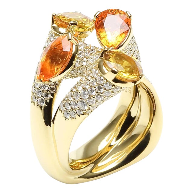 Diamond Orange Yellow Sapphire Cocktail Luxury Unique 18 Karat Yellow Gold Ring, Size 6.5 For Sale