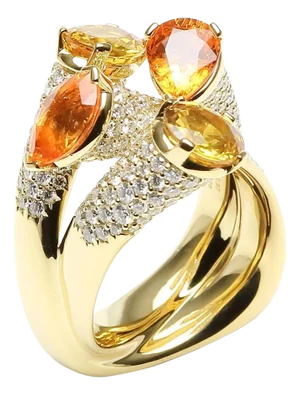 Diamond Orange Yellow Sapphire Cocktail Luxury Unique 18 Karat Yellow Gold Ring, Size 6.5