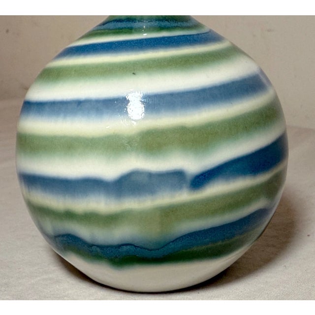 Vintage Otagiri Japan Green Striped Glazed Bulbous Weed Pot Pottery Vase For Sale In New York - Image 6 of 8