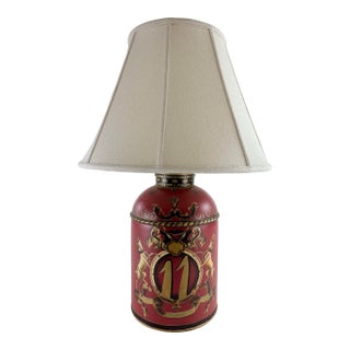 Hand Painted Metal Canister Table Lamp For Sale