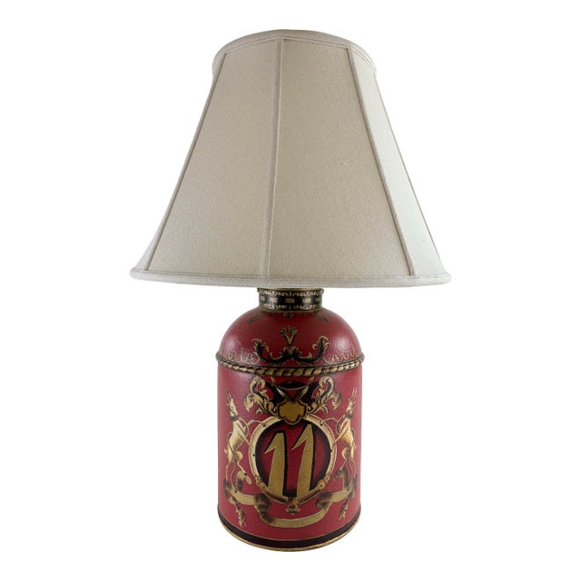 Hand Painted Metal Canister Table Lamp For Sale