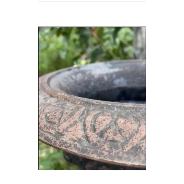 Antique French Cast Iron Garden Urn Planter With Decorative Relief For Sale - Image 9 of 11