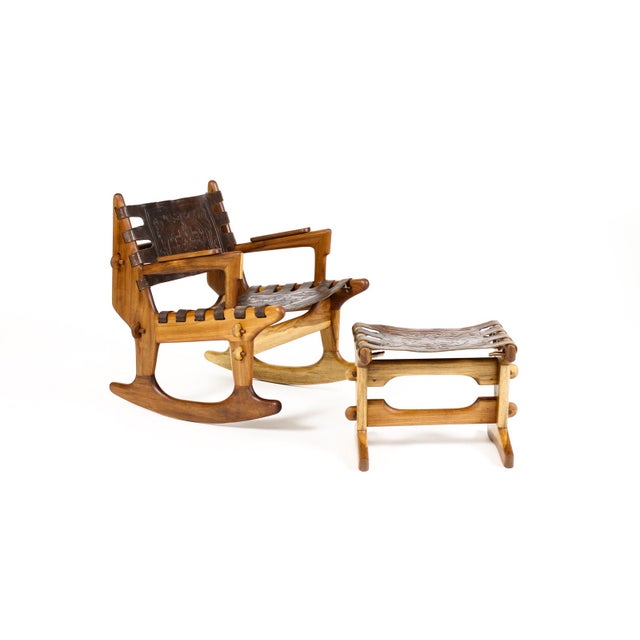 Mid-Century Modern Vintage Mid Century Modernist Wood + Leather Rocking Chair + Ottoman Set – Angel Pazmino For Sale - Image 3 of 15