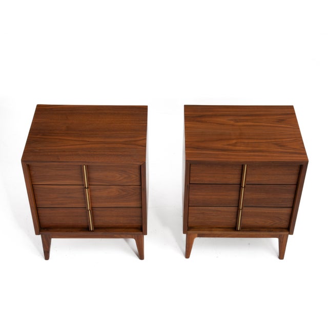 Wood American of Martinsville Mid Century Walnut Nightstands Brass Accent Restored - A Pair For Sale - Image 7 of 13