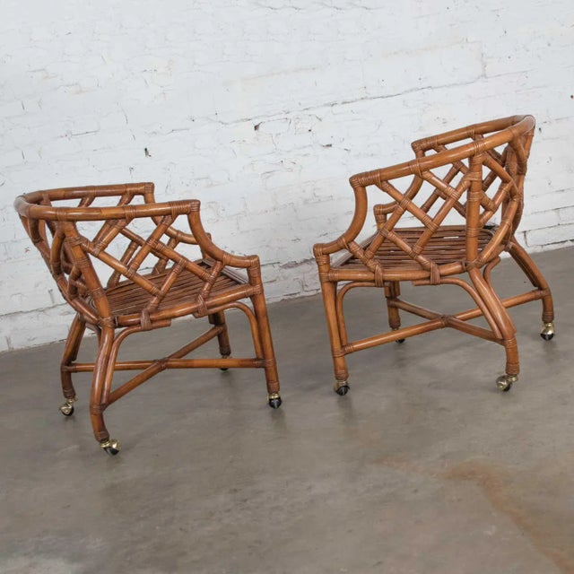 Wood Vintage Chinese Chippendale Rattan Rolling Accent Chairs by Henry Link for Wicker - A Pair For Sale - Image 7 of 13
