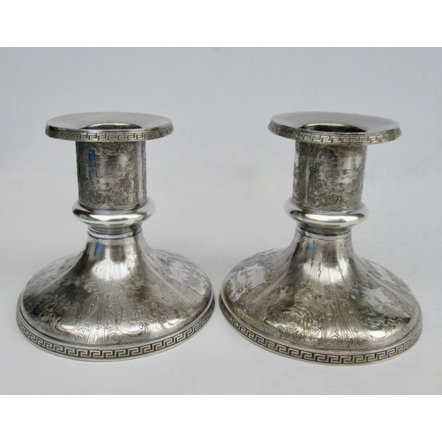 Victorian Vintage Victorian Era Heritage Sterling Co. Silver Plate Greek Key Repousse' Candle Holders -Pair For Sale - Image 3 of 12