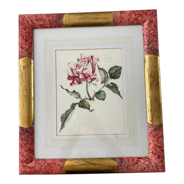 Wefe Deliss Rose Watercolor Painting in Gilded and Painted Frame For Sale