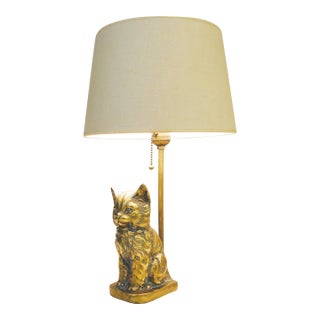1960s Figural Asian Cheshire Cat Kitten Sculpture Brass Table Lamp For Sale