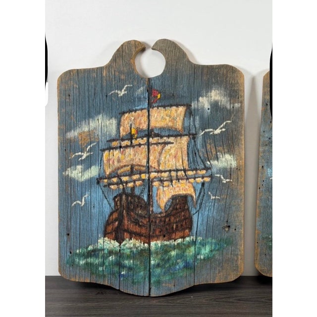 Vintage Rustic Sailing Ship Wood Relief Wall Panels, Pair For Sale - Image 4 of 11