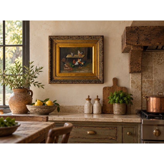 Charming vintage oil painting on plywood depicting a rustic farmhouse scene with colorful chickens and a rooster gathered...