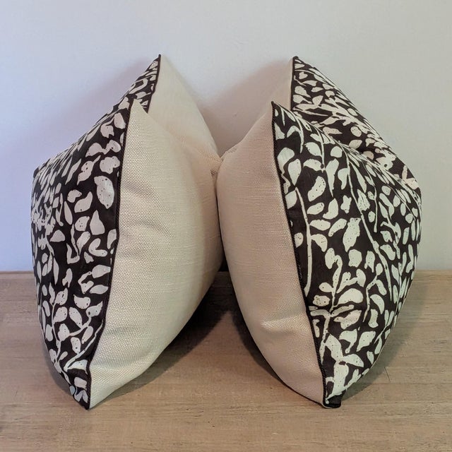 Quadrille Arbre de Matisse reverse, tint on brown pillows, with Samuel & Sons brown braided micro cord, and coordinating...