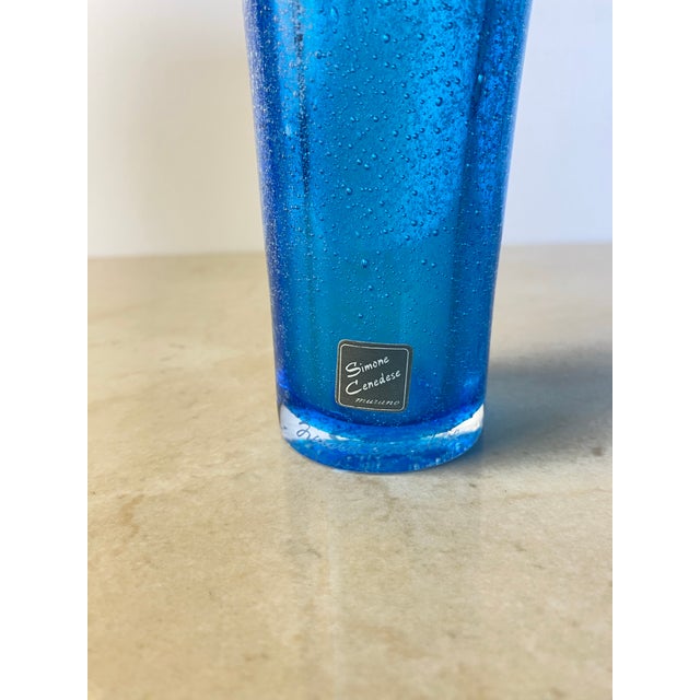 Simone Cenedese Murano Threaded Art Glass Vase, Cerulean Blue, C. 2000 For Sale - Image 4 of 8