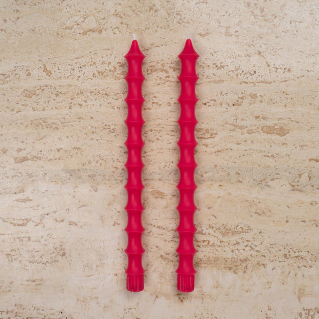 Chinoiserie Bamboo Taper Candles - in Dragonfruit Pink Set of 4 For Sale - Image 3 of 4
