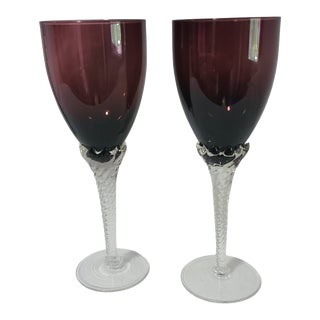 Late 20th Century Murano Attributed Art Glass Amethyst Purple Wine Water Goblets- Set of 2 For Sale
