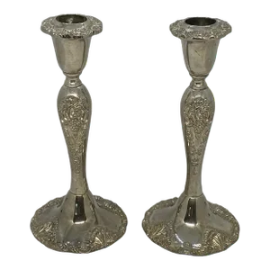 Mid 20th Century Godinger Silverplate Candlestick Holders With Baroque Grapevine Design - a Pair