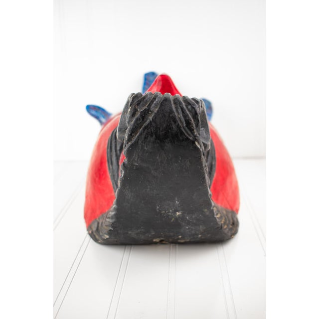 Large Vintage Hand Carved Red Diablo Costume Mask With Beard & Blue Feathers For Sale - Image 13 of 18