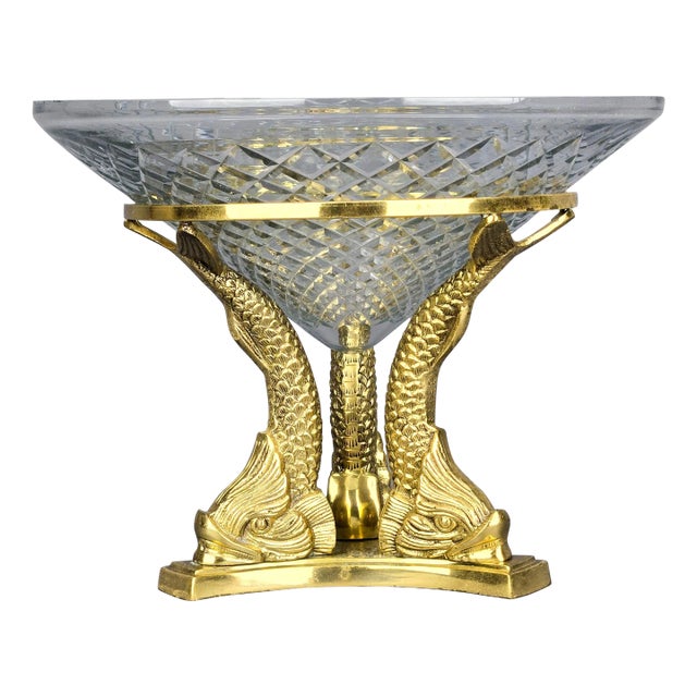 Antique French Crystal Bowl on Bronze Dolphin Koi Fish Pedestal Centerpiece For Sale