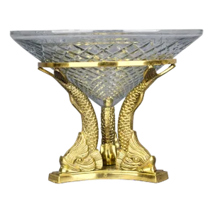 Antique French Crystal Bowl on Bronze Dolphin Koi Fish Pedestal Centerpiece