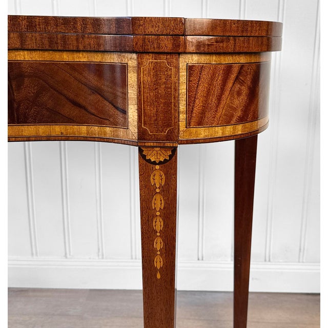 Antique Hepplewhite Inlaid Mahogany Expanding Half Moon Console Card Table For Sale - Image 13 of 15